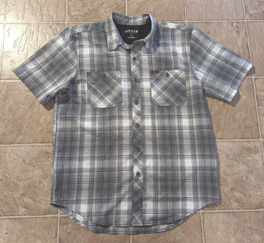 Orvis men sz M Plaid Shirt ss black white gray lightweight top 2427